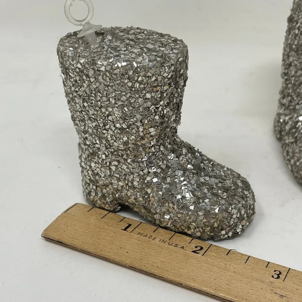 Vintage Silver Glitter Boot Christmas Ornaments Set of 4  Winter Holiday Decor